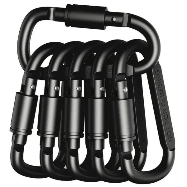 Set of black and silver edc keychain carabiner clips in an aluminum D shape with keys attached