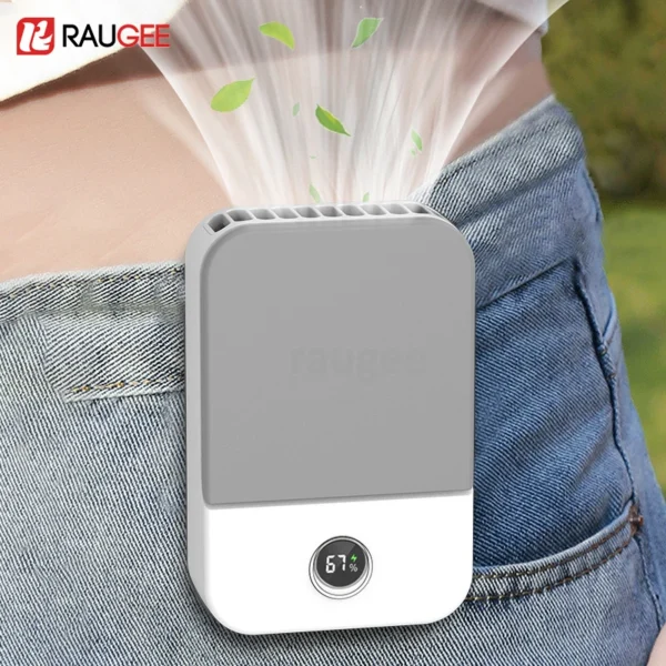 Bladeless neck fan worn around the neck and shown hanging at the waist for outdoor cooling
