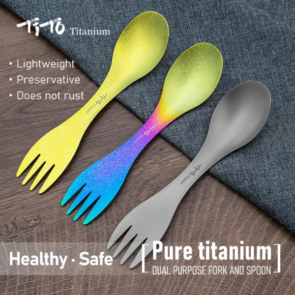Ultralight titanium spork in bright titanium finish lying next to its cloth carry bag