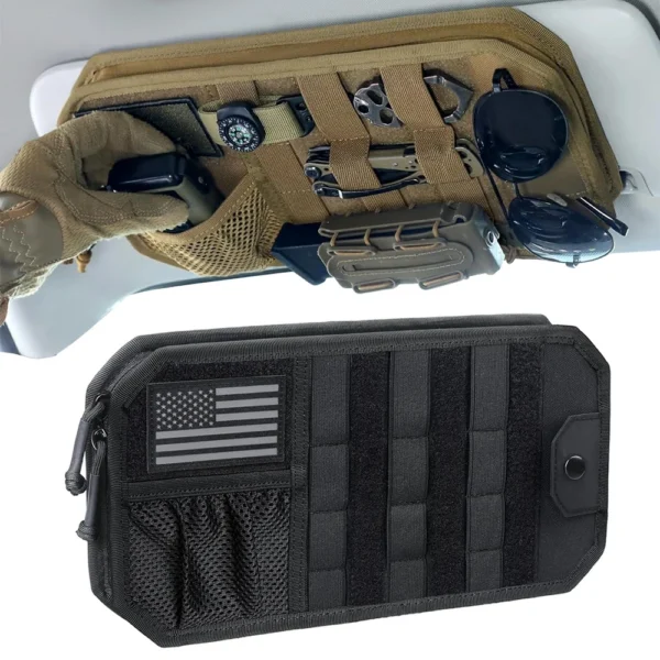 Tan molle sun visor panel strapped to a truck visor holding pens, sunglasses and a small pouch
