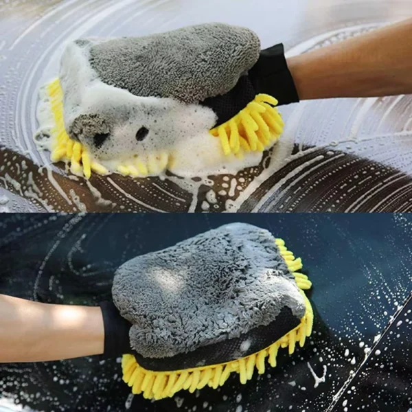 Coral car wash mitt worn on a hand washing a car side mirror with soapy water