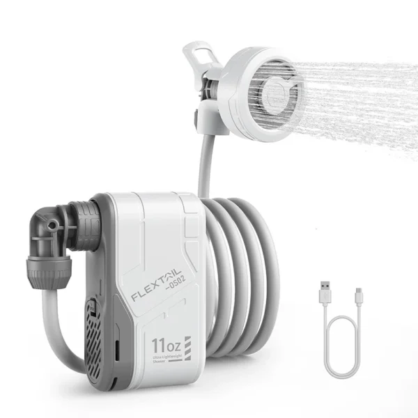 Portable camping shower electric pump with 2.2 meter hose and shower head beside a water container
