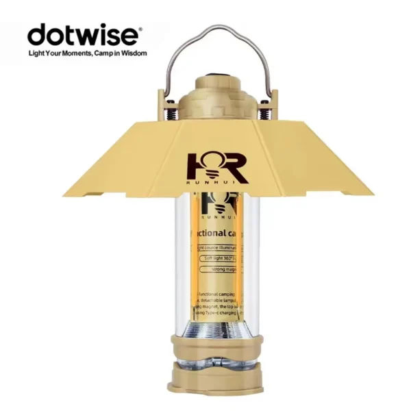 DOTWISE retro camping lantern in army green glowing on a wooden table at a campsite