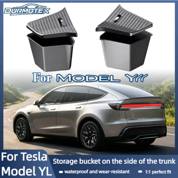 Black tpe trunk side organizer bins with lids fitted beside the wheel well in a Tesla Model YL trunk