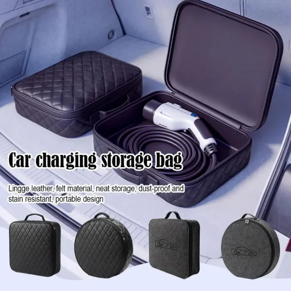 Leather ev charger bag shown in round and square styles for a car armrest box