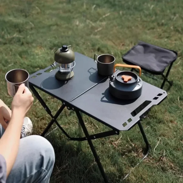 Stainless steel picnic table with folding sled base legs set up at a campsite
