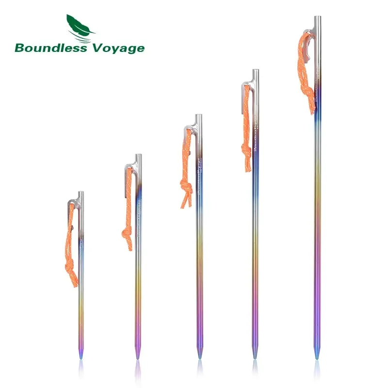Heavy Duty Titanium Stakes 6 Pack in 20 to 40cm Lengths 1 Heavy duty titanium stakes in a 6 pack laid on a groundsheet beside a tent