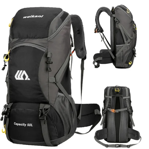 Shoe compartment hiking backpack in black 50L size with separate zipped shoe pocket at the base