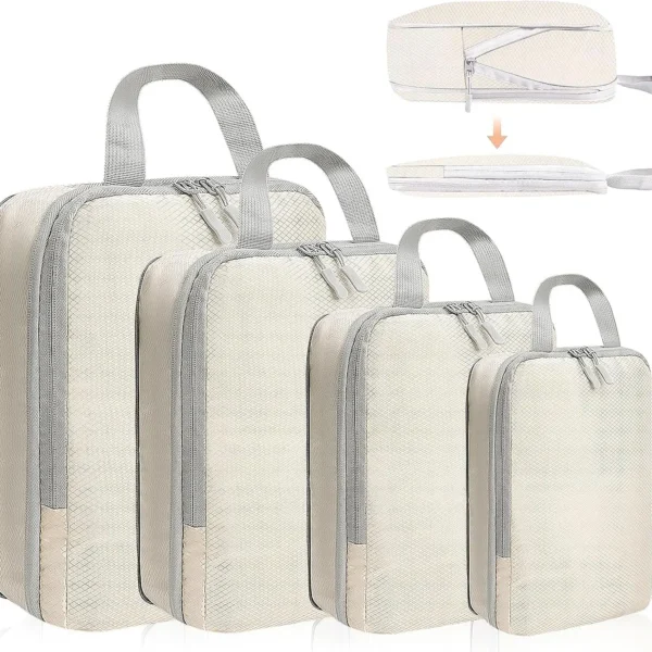 Lightweight expandable packing cubes 4 piece set in light blue, expanded and compressed