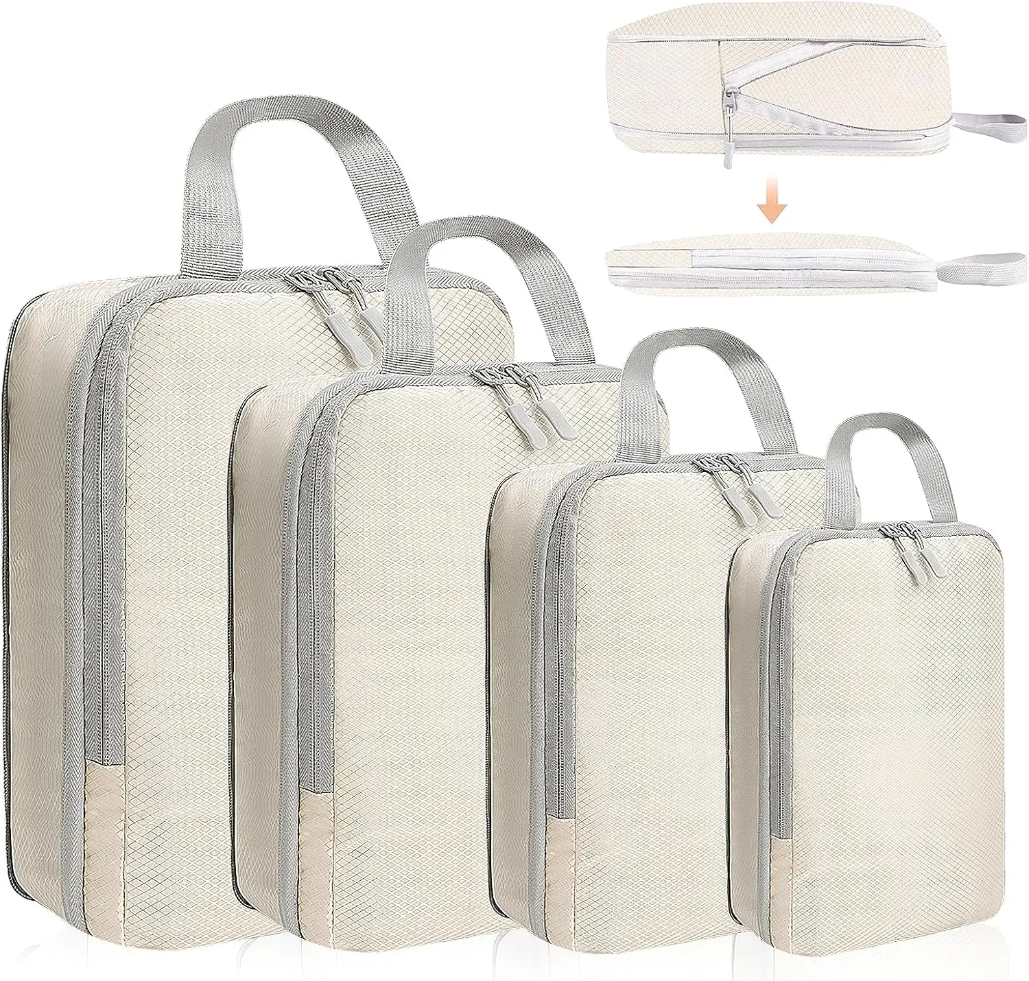 Lightweight Expandable Packing Cubes, 4 Piece Compression Set 1 Lightweight expandable packing cubes 4 piece set in light blue, expanded and compressed