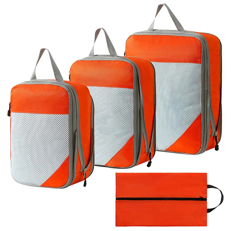 Thickened Travel Packing Bags, 4 Piece Nylon Clothes and Shoe Set 1 Navy thickened travel packing bags set of four for clothes and shoes arranged on a bed