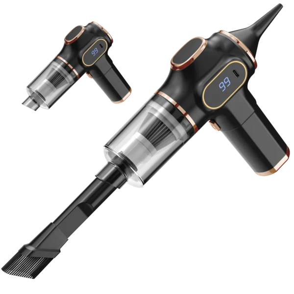 Wireless car vacuum cleaner with ABS body shown next to a car seat