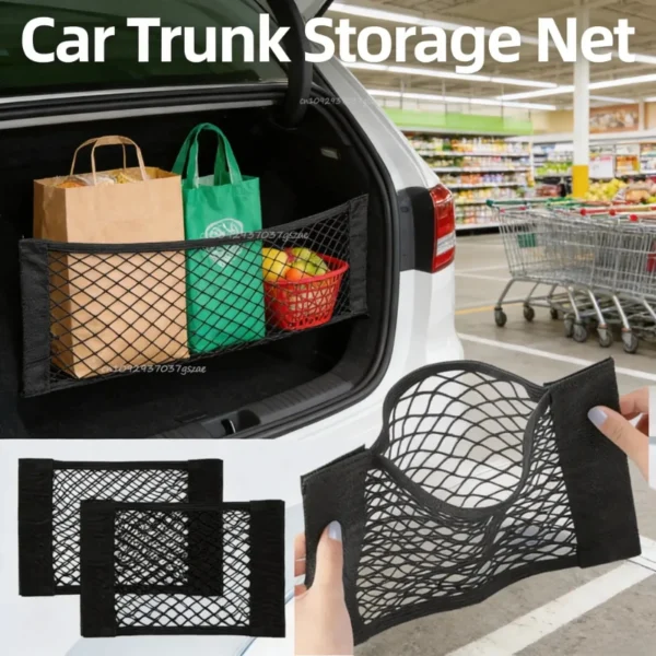 Elastic car mesh pocket stuck to a trunk wall holding a spray bottle and gloves
