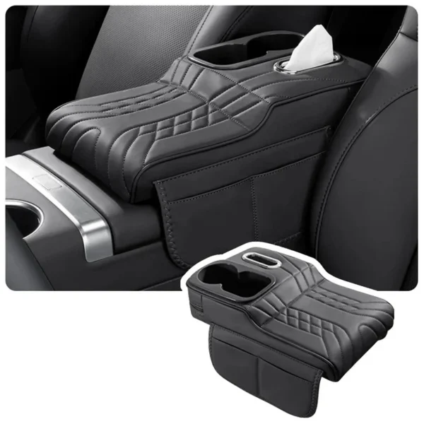 Car armrest heightening cushion in black leather with dual cup holders on a center console