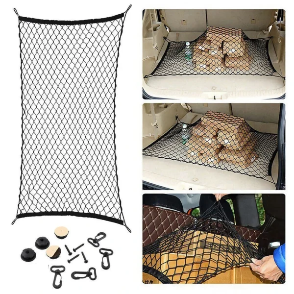 Nylon car cargo net with double mesh stretched over bags in an SUV cargo area