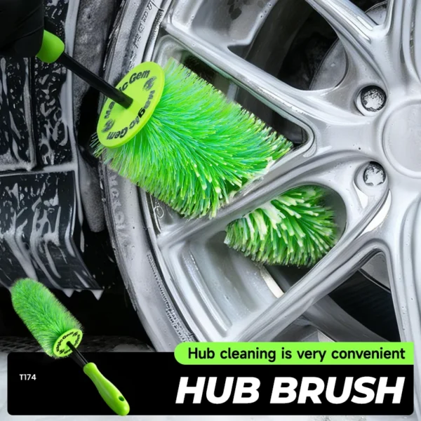 Plush wheel spoke brush with non slip handle cleaning between the spokes of a car wheel