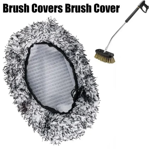 Car wash brush cover in plush microfiber fitted over a long handle wash brush head