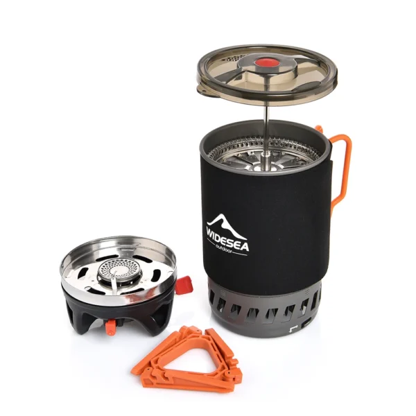 Widesea camping french press pot brewing coffee on a small gas burner at a campsite