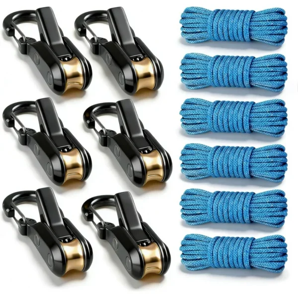 Black retractable rope tightener roller tensioner securing a tarp to a trailer at a campsite