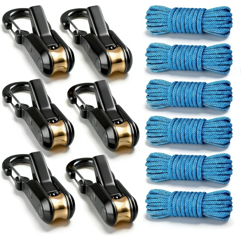 Retractable Rope Tightener Roller Tensioner, Heavy Duty 6 Pack 1 Black retractable rope tightener roller tensioner securing a tarp to a trailer at a campsite