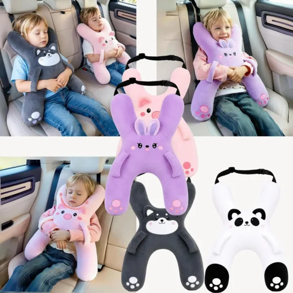 Kids car neck pillow attached to a back seat with a child sleeping upright