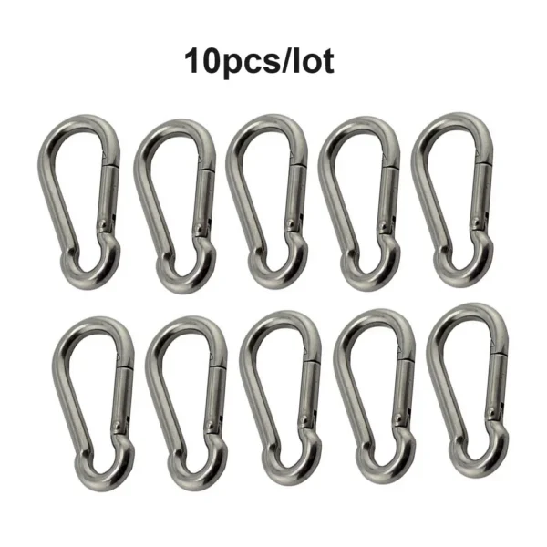 Stainless steel snap hooks in a pack of ten silver 304 marine clips with spring gates