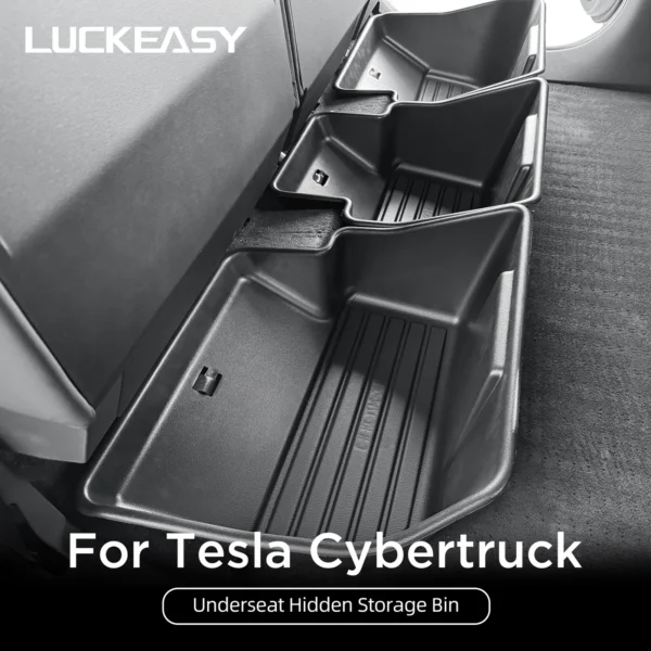 Black ABS cybertruck under seat storage fitted below the back seat of a Tesla Cybertruck