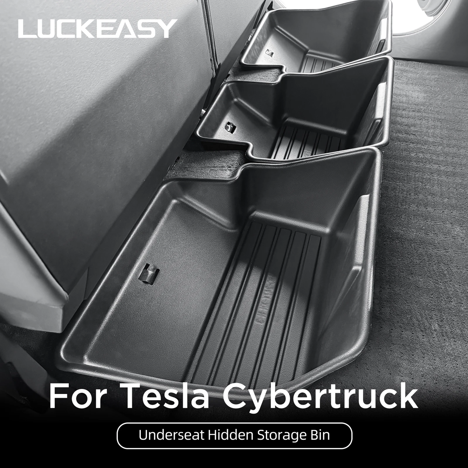 Cybertruck Under Seat Storage Box, Rear Seat ABS Organizer 1 Black ABS cybertruck under seat storage fitted below the back seat of a Tesla Cybertruck