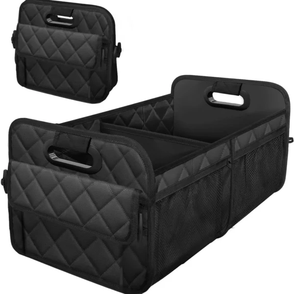 6 pocket trunk organizer in black in an SUV trunk holding groceries and gear