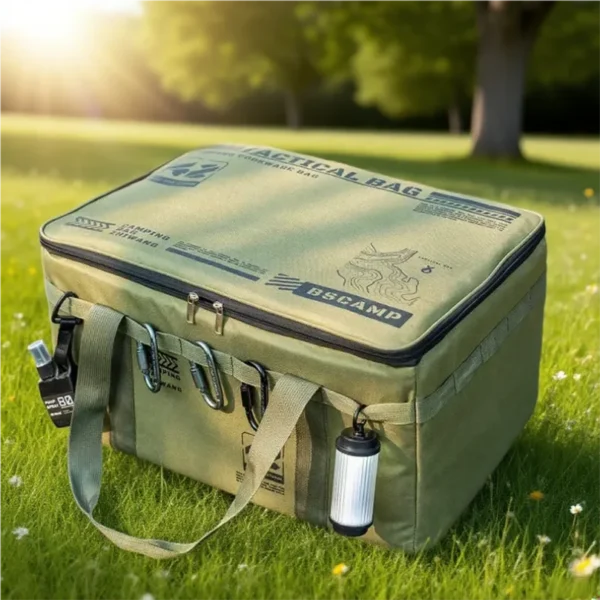 Green tactical picnic tableware bag with lid open showing padded dividers and stacked dishes