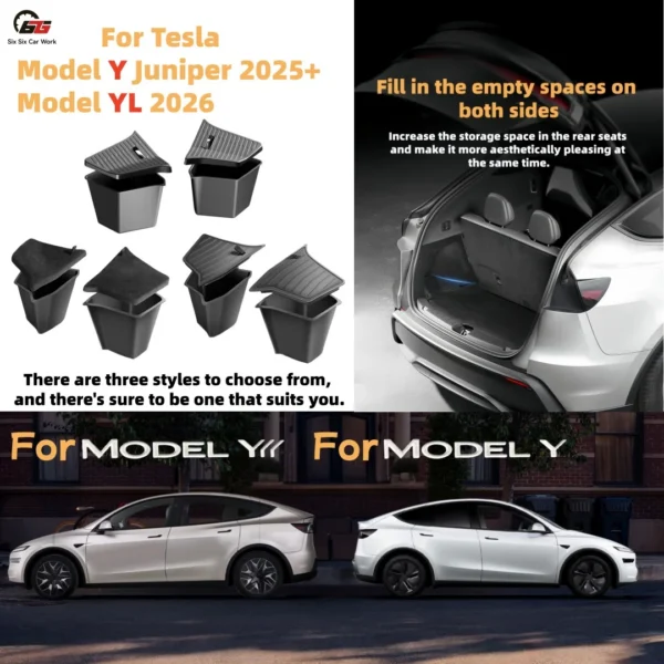 Black TPE trunk side storage set with cover plates installed in a Tesla Model Y rear trunk