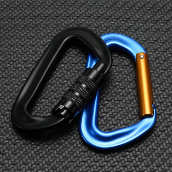 12kN keychain carabiner in blue D-shaped aluminum with keys clipped to the gate