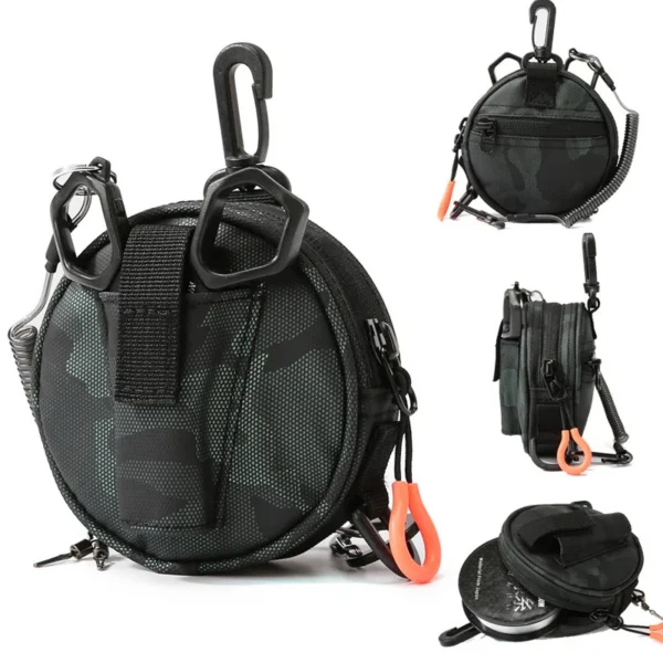 Camouflage molle fishing line pouch with lure pliers in the front holder and a hook for mounting