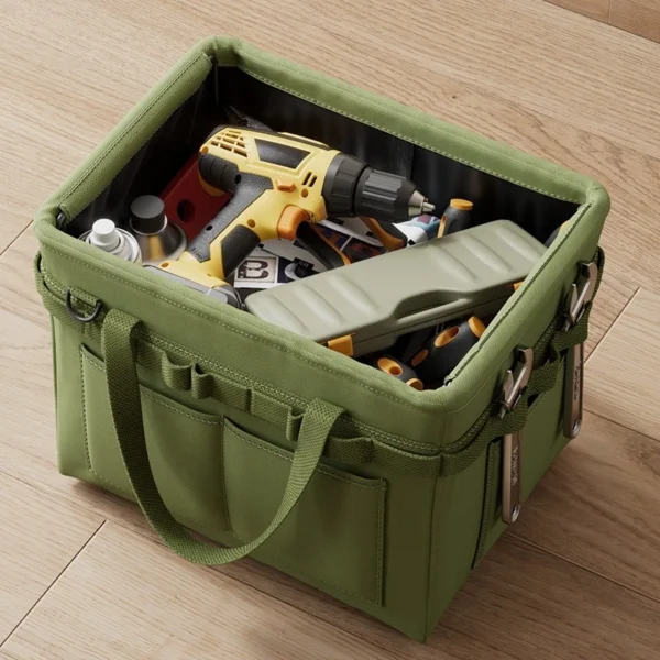 Foldable tool tote bag in Oxford cloth with side pockets holding hand tools