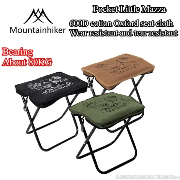 Ultralight pocket camping stool with green Oxford seat and aluminum legs on a rocky riverbank