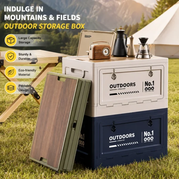 Green camping picnic storage box set up beside a car with plates, cups and snacks inside