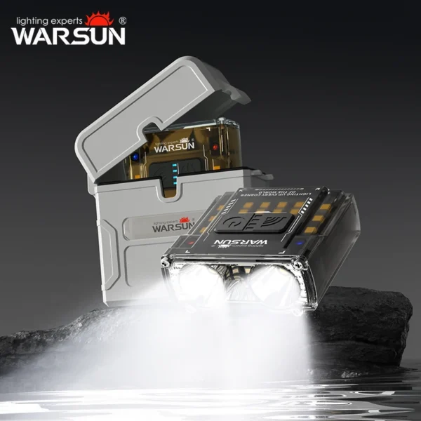 Headlamp with charging case showing mini COB LED lamp and black storage case