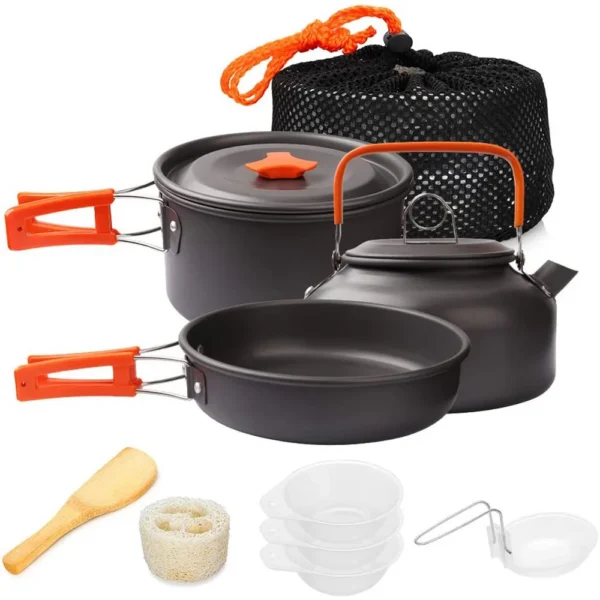 Aluminum camping cookware kit with pots, kettle and utensils nested beside a mesh bag
