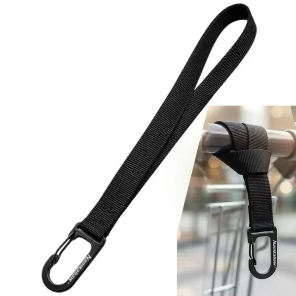 Black nylon webbing snap hook with spring clip gate attached to a short strap loop for backpacks