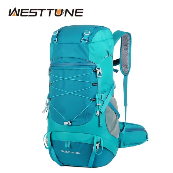 50L hiking backpack in army green nylon with rain cover for mountaineering trips