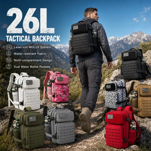 Cup holder tactical backpack in khaki with dual drink holders and MOLLE webbing on the front