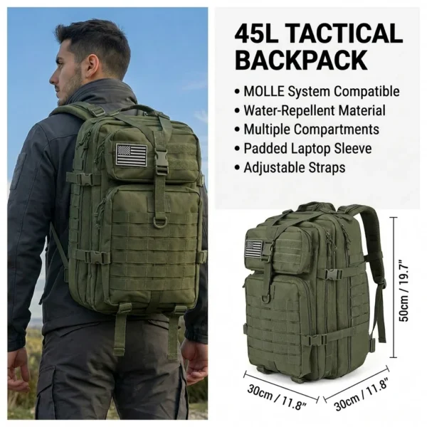 45L tactical hiking backpack in green with MOLLE webbing on a mountain trekking trail