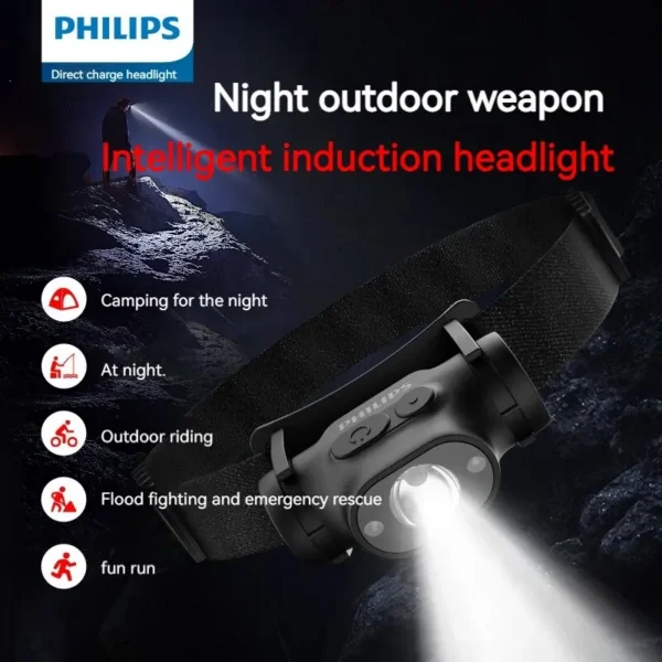 Black Philips infrared sensor headlamp with adjustable LED lamp head and elastic headband