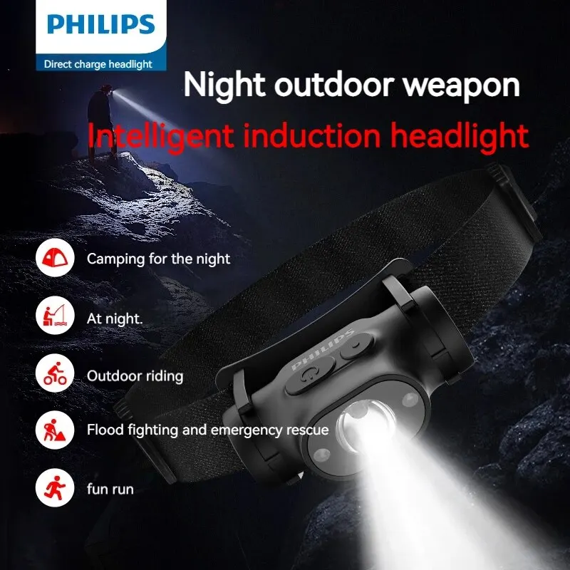 Infrared Sensor Headlamp with Red Blue Warning Light - Philips 1 Black Philips infrared sensor headlamp with adjustable LED lamp head and elastic headband