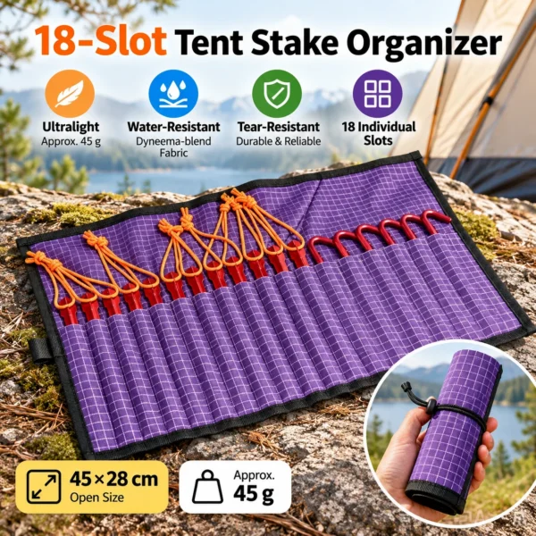 Black tent stake organizer roll laid open with aluminum pegs and Y stakes in its 18 slots