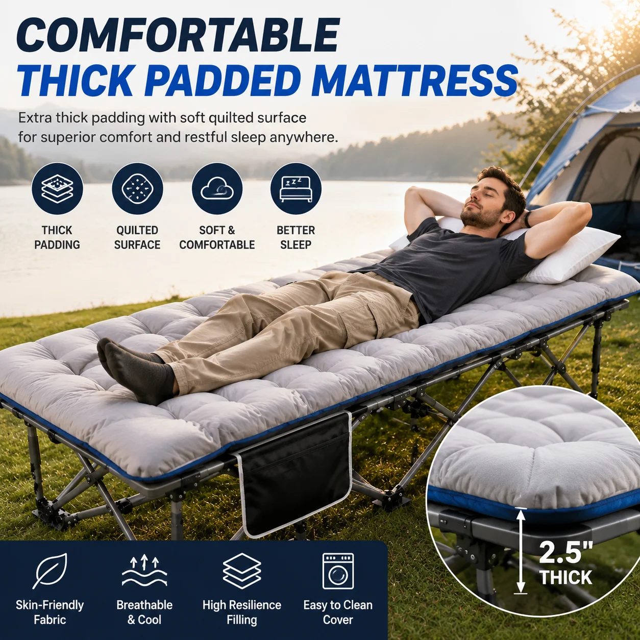 Padded Folding Camping Cot Thick Mattress and 700 lb Steel Frame 2 Padded Folding Camping Cot Thick Mattress and 700 lb Steel Frame - view 2