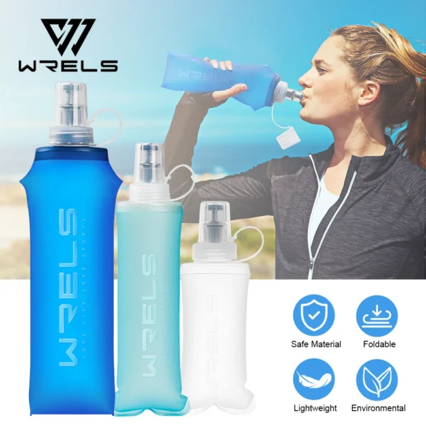 Collapsible soft flask in light blue TPU with bite valve, shown full and folded flat