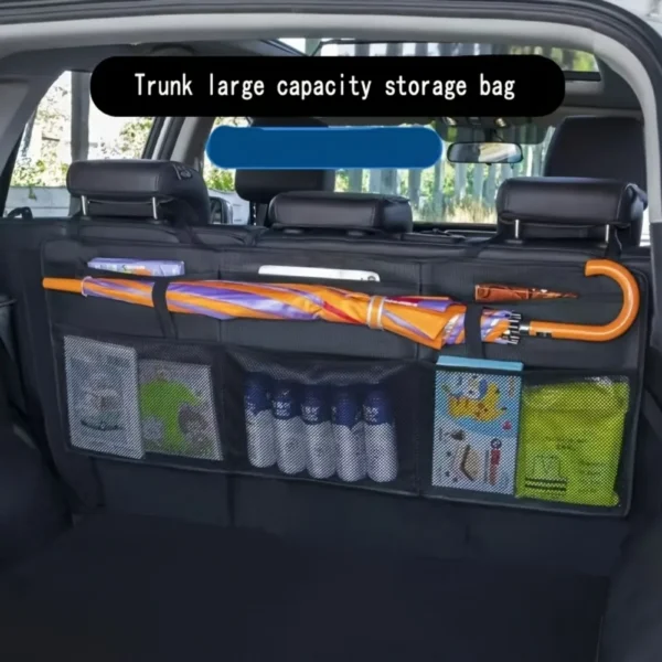 Universal trunk storage bag packed with car essentials in the trunk of an SUV