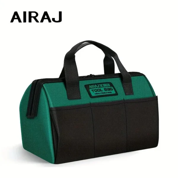 Electrician tool bag in Oxford cloth with tools in its surround pockets on a car trunk floor