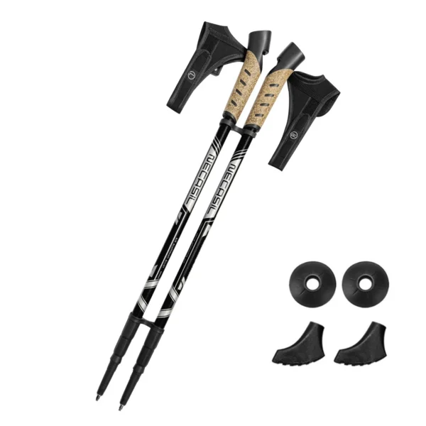Telescopic nordic walking poles pair in purple with cork handles and wrist straps